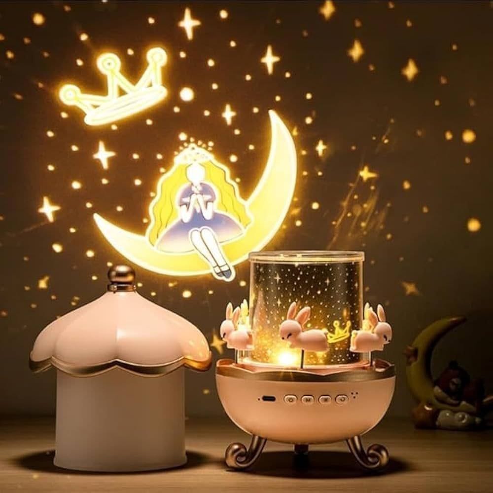 Night Light Rabbit Sky Projector for Kids – 360° Rotating Lamp with 6 Films, 5 Colours, 1200mAh Rechargeable Battery, Bedroom & Office Decor, Birthday Gift for Children
