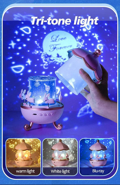 Night Light Rabbit Sky Projector for Kids – 360° Rotating Lamp with 6 Films, 5 Colours, 1200mAh Rechargeable Battery, Bedroom & Office Decor, Birthday Gift for Children